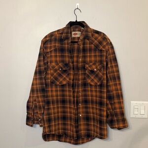 Field n Forest Mens LT Tall‎ Western Flannel Shirt Plaid Pearl Snap Orange Brown
